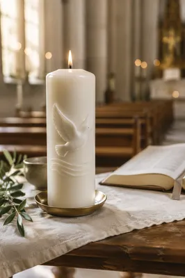 White Baptism Candle with Dove Symbol