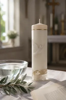 White Baptism Candle with Dove Symbol