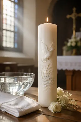 White Baptism Candle on Chapel Table