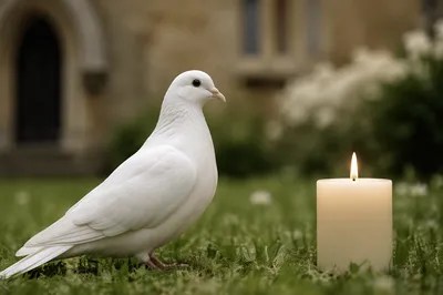 White Dove Beside Baptism Candle