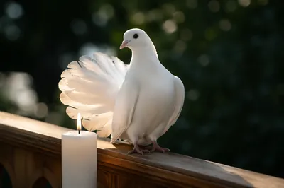 White Dove and Baptism Candle Close-Up