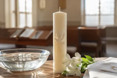 Ivory Baptism Candle on Wooden Table