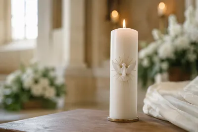 White Baptism Candle on Wooden Table