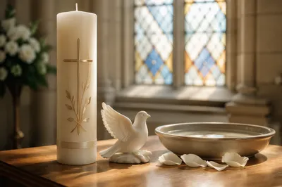 White Baptism Candle with Dove Symbol