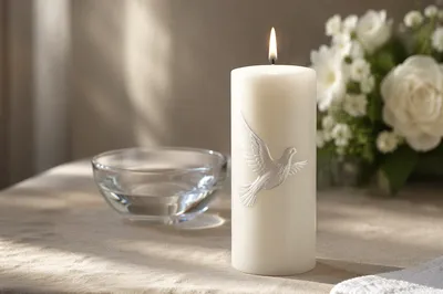 White Baptism Candle with Dove Symbol