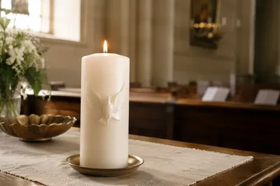 White Baptism Candle on Church Table