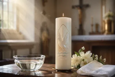 White Baptism Candle with Dove Symbol