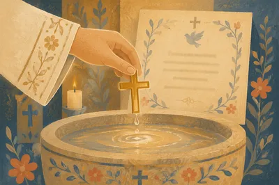 Golden Cross Above Baptismal Water