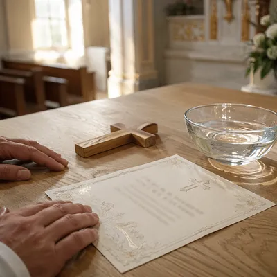 Baptism Certificate Cross and Water Bowl