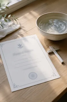Baptism Certificate with Cross and Water Bowl