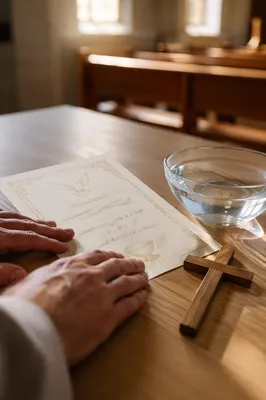 Baptism Certificate Cross and Water Bowl