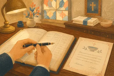 Baptism Certificate Signing in Quiet Church Vestry