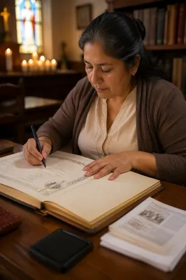 Signing Baptism Certificate in Church Office