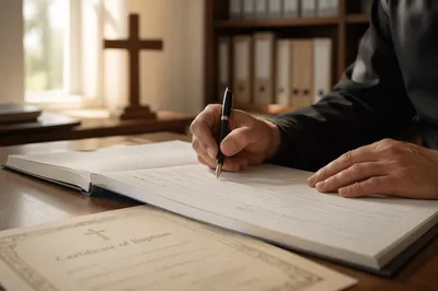 Signing Church Record Beside Baptism Certificate