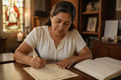 Signing Baptism Certificate on Wooden Desk