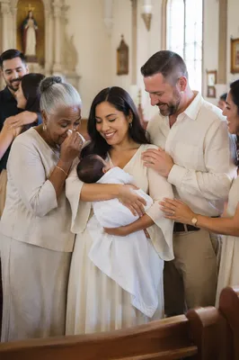 Family Celebrating Baptism Inside Bright Church