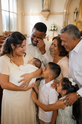 Family Celebrating Baptism in Bright Church