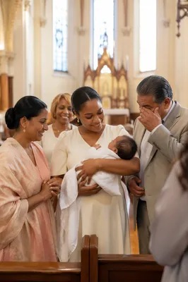 Family Embrace After Baptism in Church