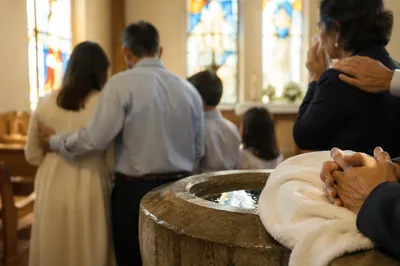 Baptism Family Celebration in Warm Church Light