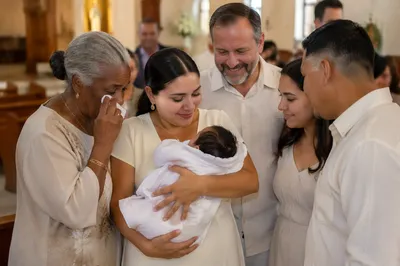 Family Celebrating After Baptism in Church