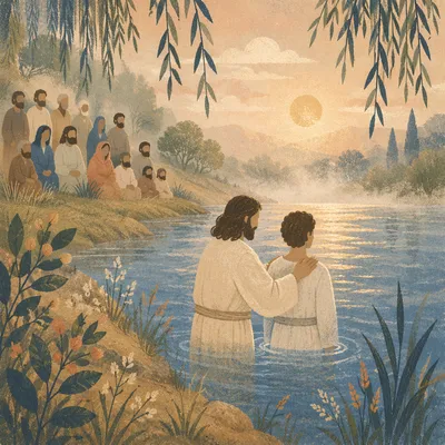 Peaceful Outdoor River Baptism at Dawn