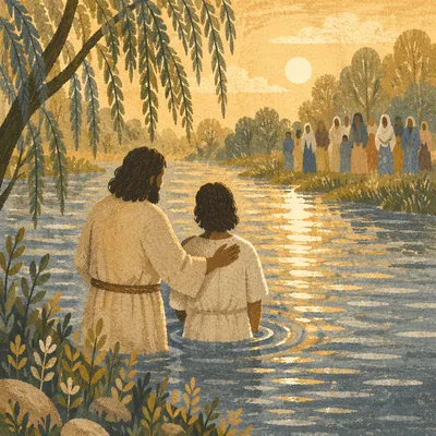 Golden Hour River Baptism with Church Community
