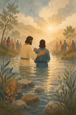 Reverent Sunrise Baptism in Quiet River