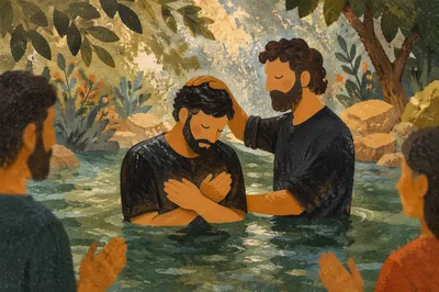 Reverent Outdoor River Baptism in Forest