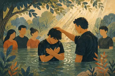Peaceful Outdoor River Baptism in Woodland