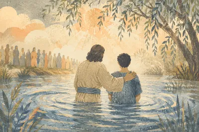 Reverent Outdoor River Baptism at Dawn