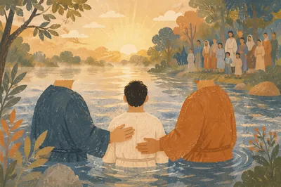 Peaceful Sunrise Baptism in Wooded River