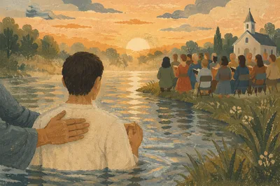 Outdoor River Baptism at Golden Sunrise