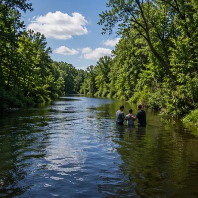 Peaceful Outdoor River Baptism in Woodland