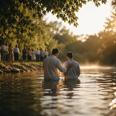 Peaceful Outdoor River Baptism at Golden Hour