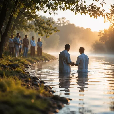 Peaceful Outdoor River Baptism at Sunrise
