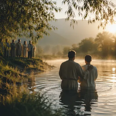 Peaceful Outdoor River Baptism at Dawn