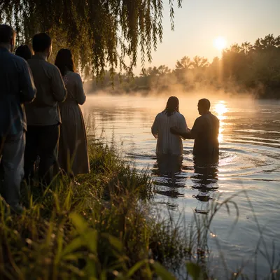 Peaceful Sunrise River Baptism Gathering