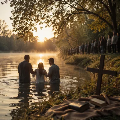 Peaceful Outdoor River Baptism at Sunrise