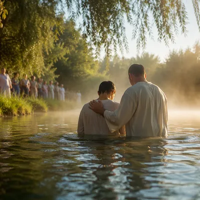 Peaceful Outdoor River Baptism at Sunrise