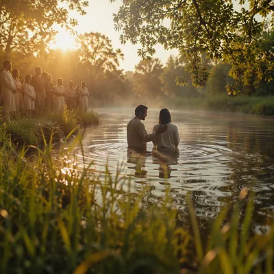 Peaceful Outdoor River Baptism at Sunrise