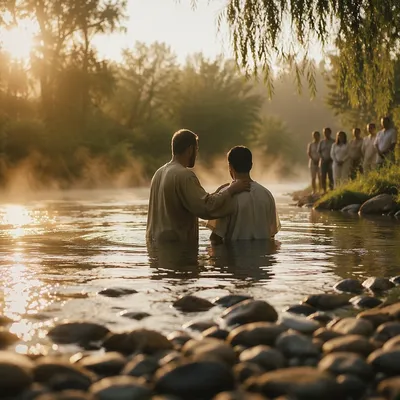 Peaceful Sunrise Baptism in Countryside River