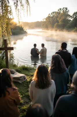 Outdoor River Baptism at Autumn Sunrise
