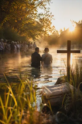 Outdoor River Baptism at Autumn Sunrise