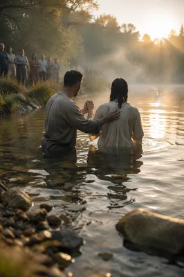 Outdoor River Baptism at Autumn Sunrise