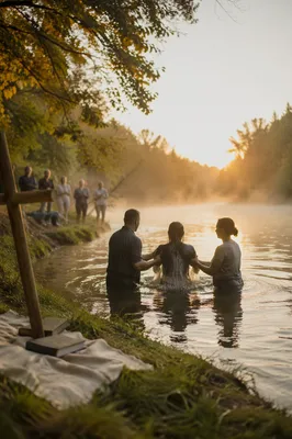 Peaceful Outdoor River Baptism at Sunrise