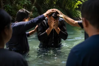Reverent Outdoor River Baptism Prayer Moment