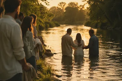 Peaceful Outdoor River Baptism at Golden Hour