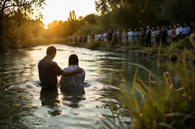 Peaceful Outdoor River Baptism at Golden Hour