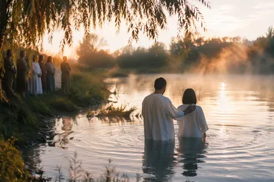 Peaceful Outdoor River Baptism at Dawn