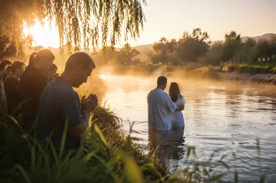 Peaceful Sunrise River Baptism Gathering